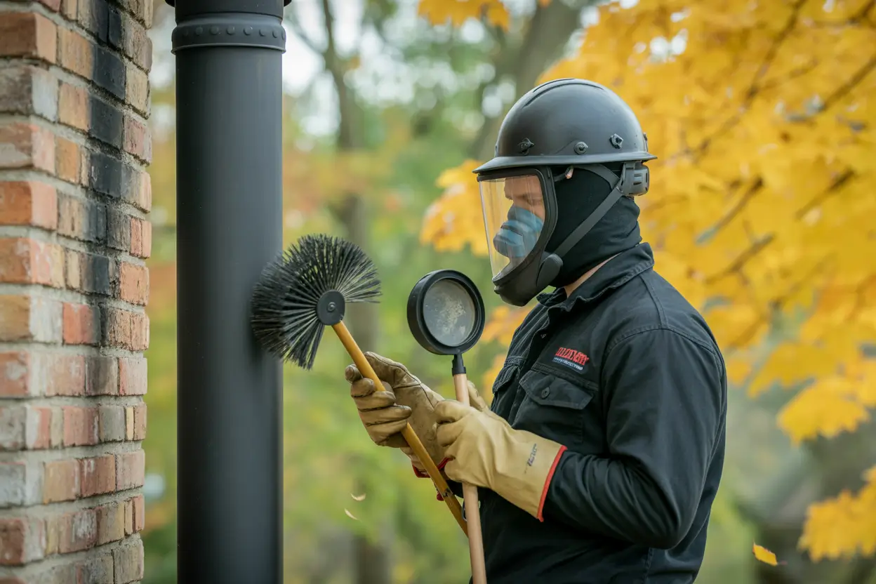Certified chimney sweep wearing safety gear inspecting wood stove pipe with chimney tools outdoors