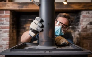 Person cleaning wood stove pipe with chimney brush and wearing protective gloves and mask