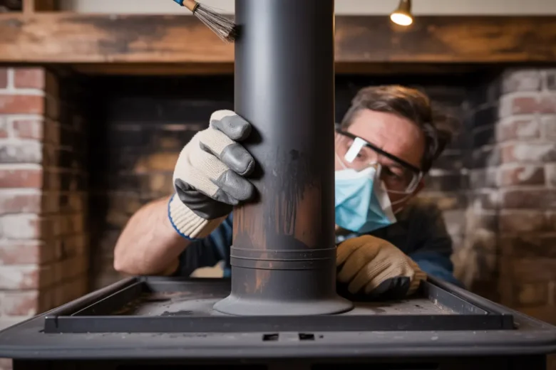Person cleaning wood stove pipe with chimney brush and wearing protective gloves and mask