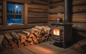 Lit wood stove at night in cozy cabin showing safe overnight burn setup