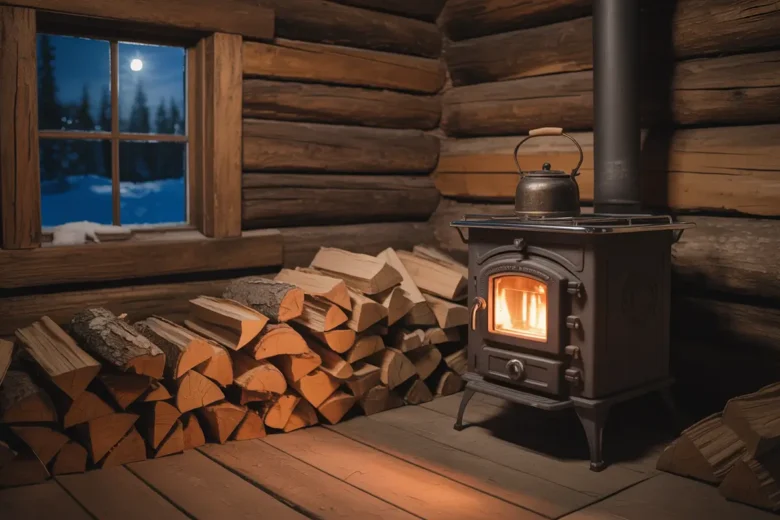 Lit wood stove at night in cozy cabin showing safe overnight burn setup