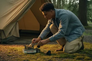 Camper cleaning a portable gas camping stove outdoors with tools and gear nearby