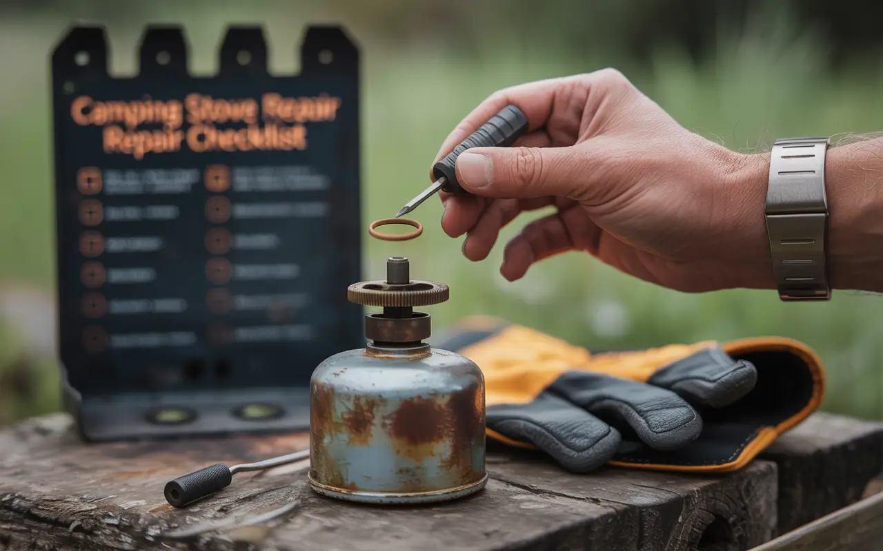 Camper repairing a portable camping stove, checking the ignition valve and replacing an O-ring with tools nearby