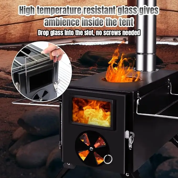 Stainless steel portable camping wood stove with chimney pipes – best wood stove under $200