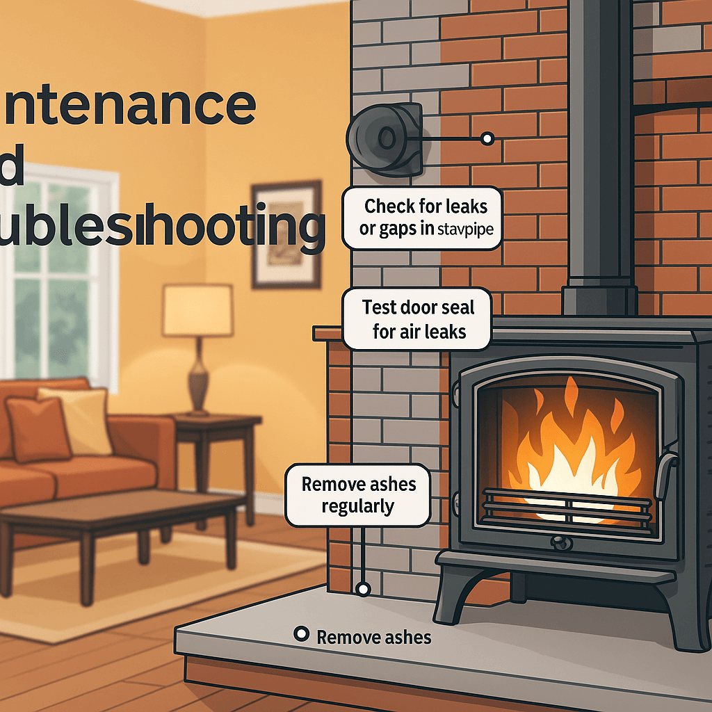 Diagram of heat shield installation behind a wood stove showing air gap, spacers, and wall clearance steps