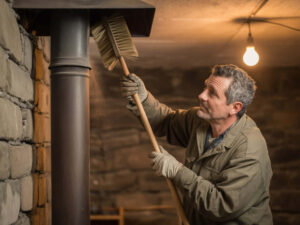Cleaning wood stove pipe with chimney brush