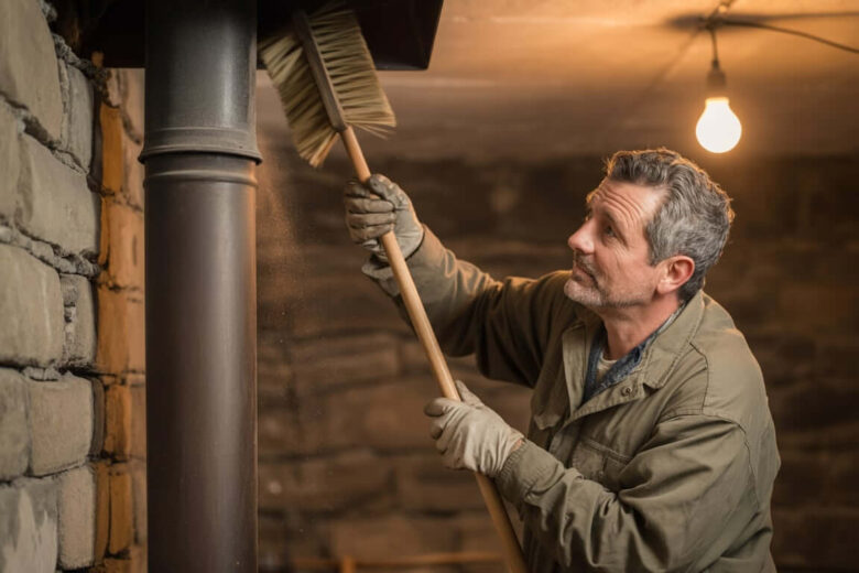 Cleaning wood stove pipe with chimney brush