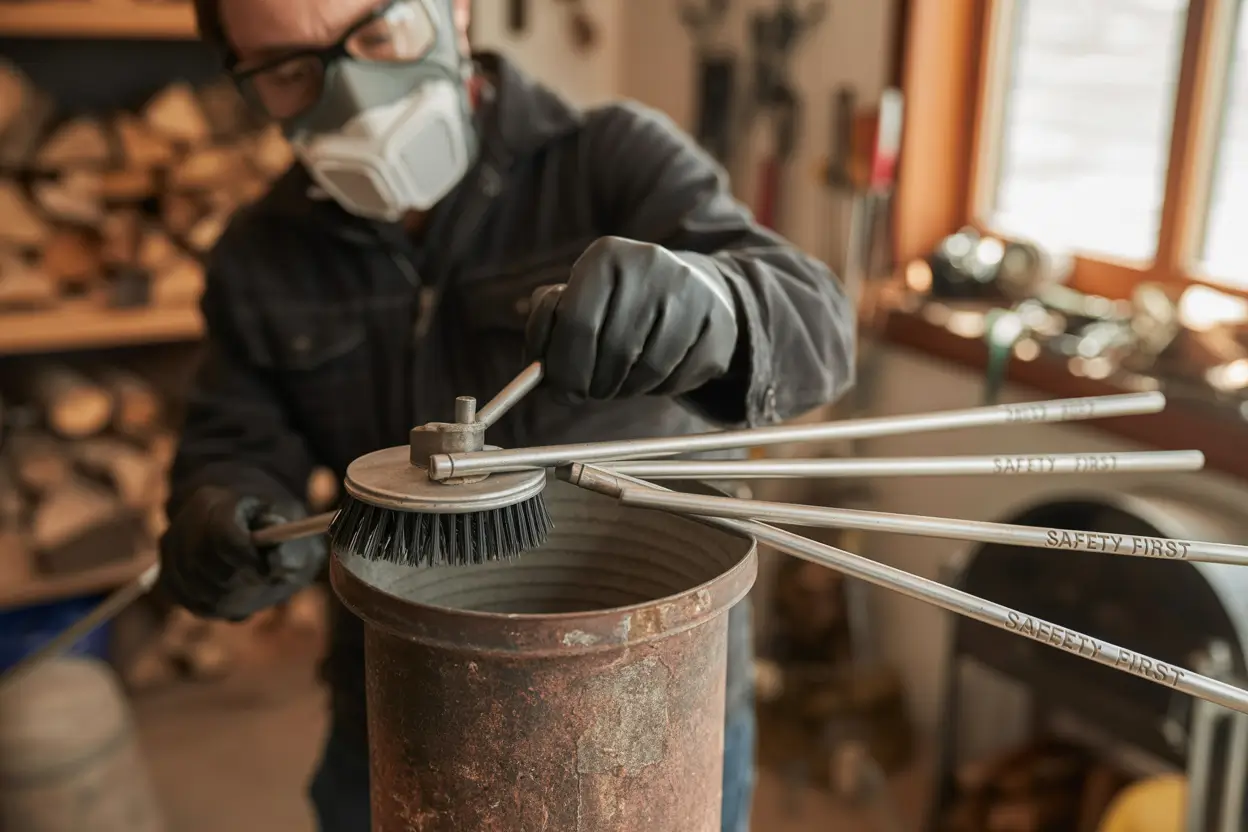 Person cleaning wood stove pipe with chimney brush wearing gloves and dust mask