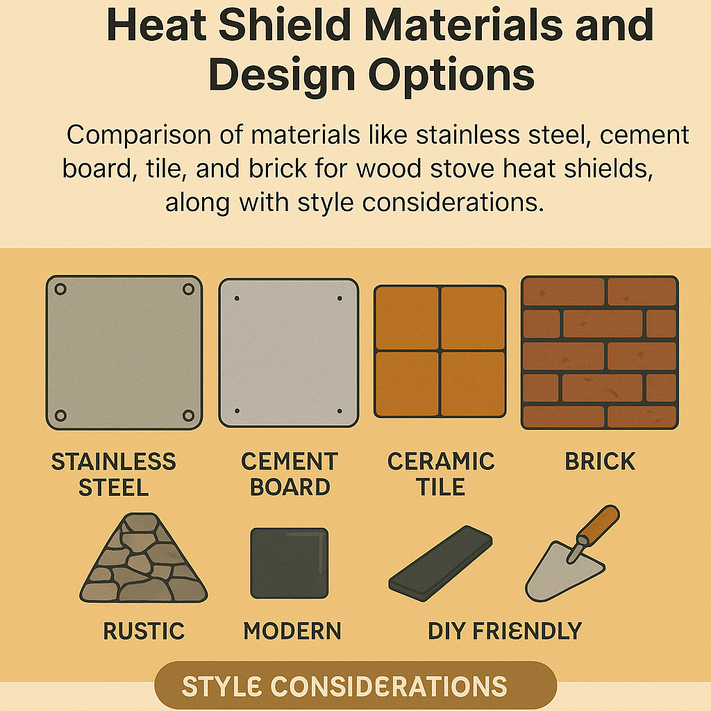 Comparison of heat shield materials and style types for wood stove installations including steel, tile, cement, and brick.