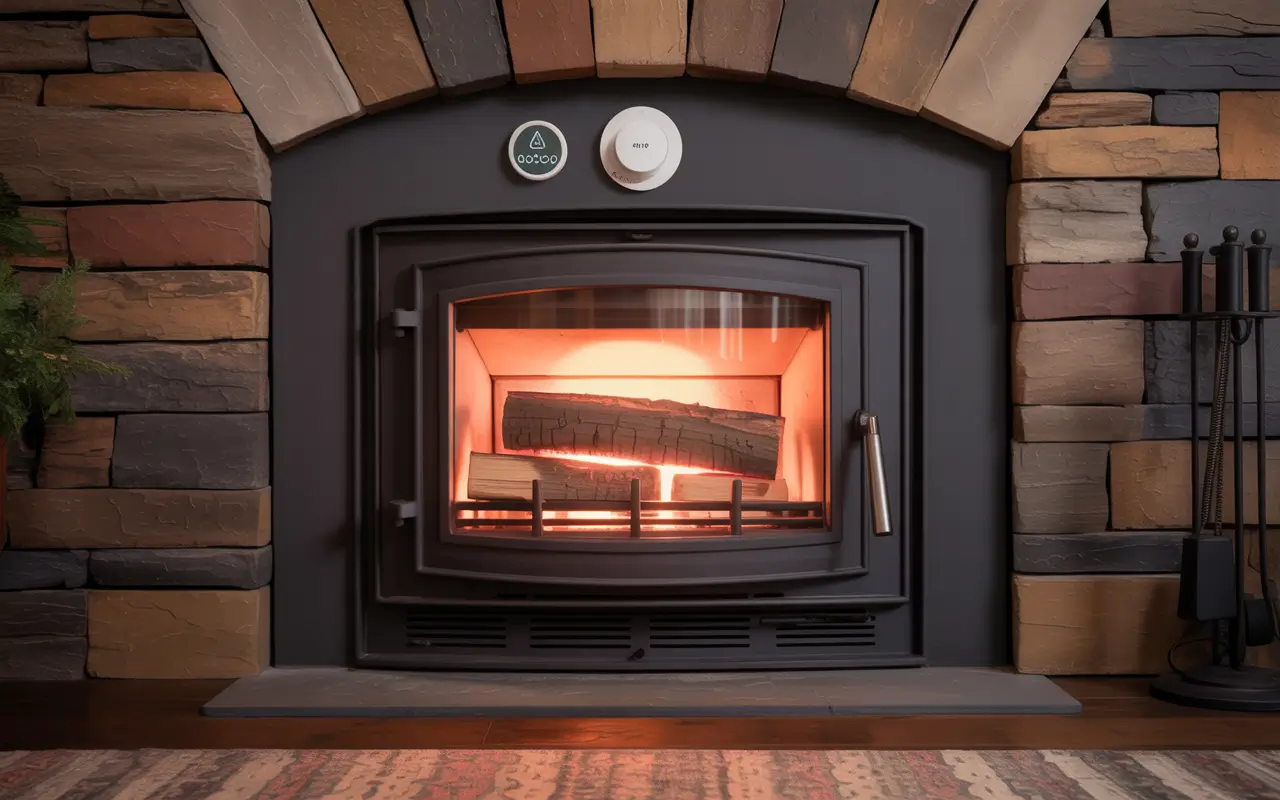 Safe wood stove setup for overnight use showing sealed door, smoke detector, and firewood — run a wood stove overnight