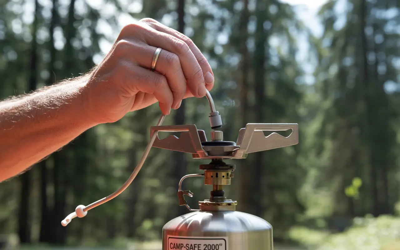Person inspecting and testing a camping stove outdoors before first camping trip of the season