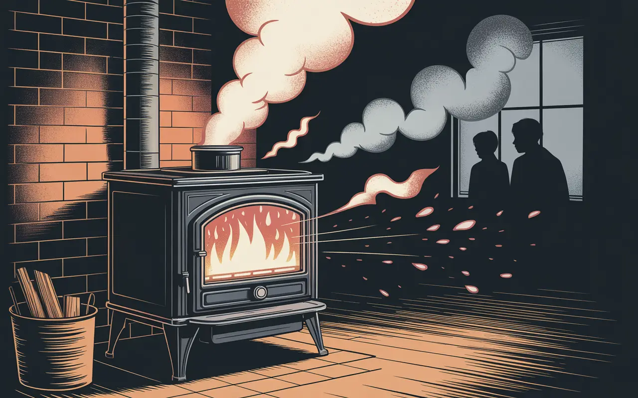 Safety risks of running a wood stove overnight showing creosote buildup, carbon monoxide leak, and door seal failure