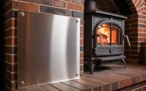 Mounted metal heat shield behind a wood stove on a wall with safe clearance