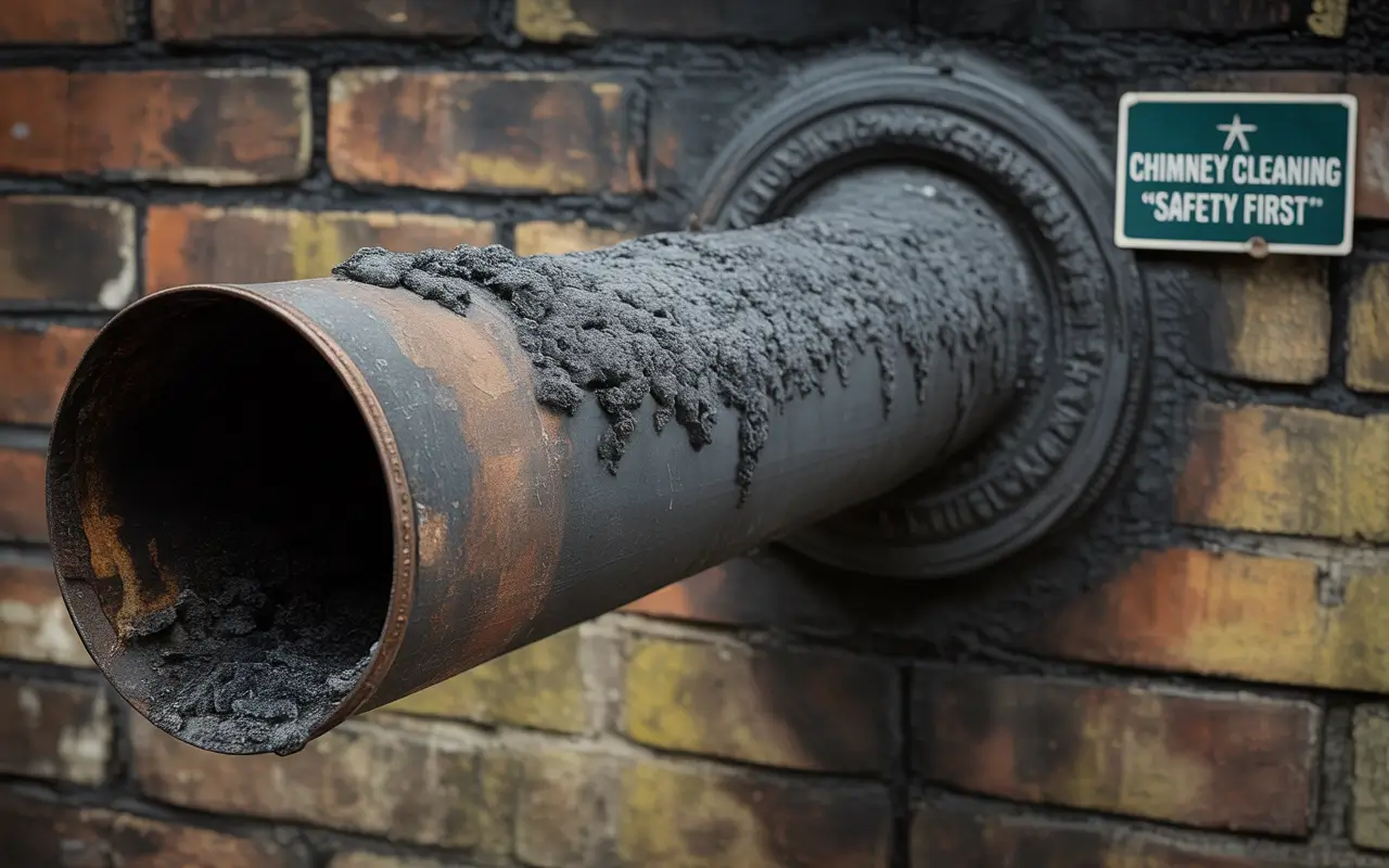 Close-up of wood stove pipe interior with creosote buildup requiring cleaning
