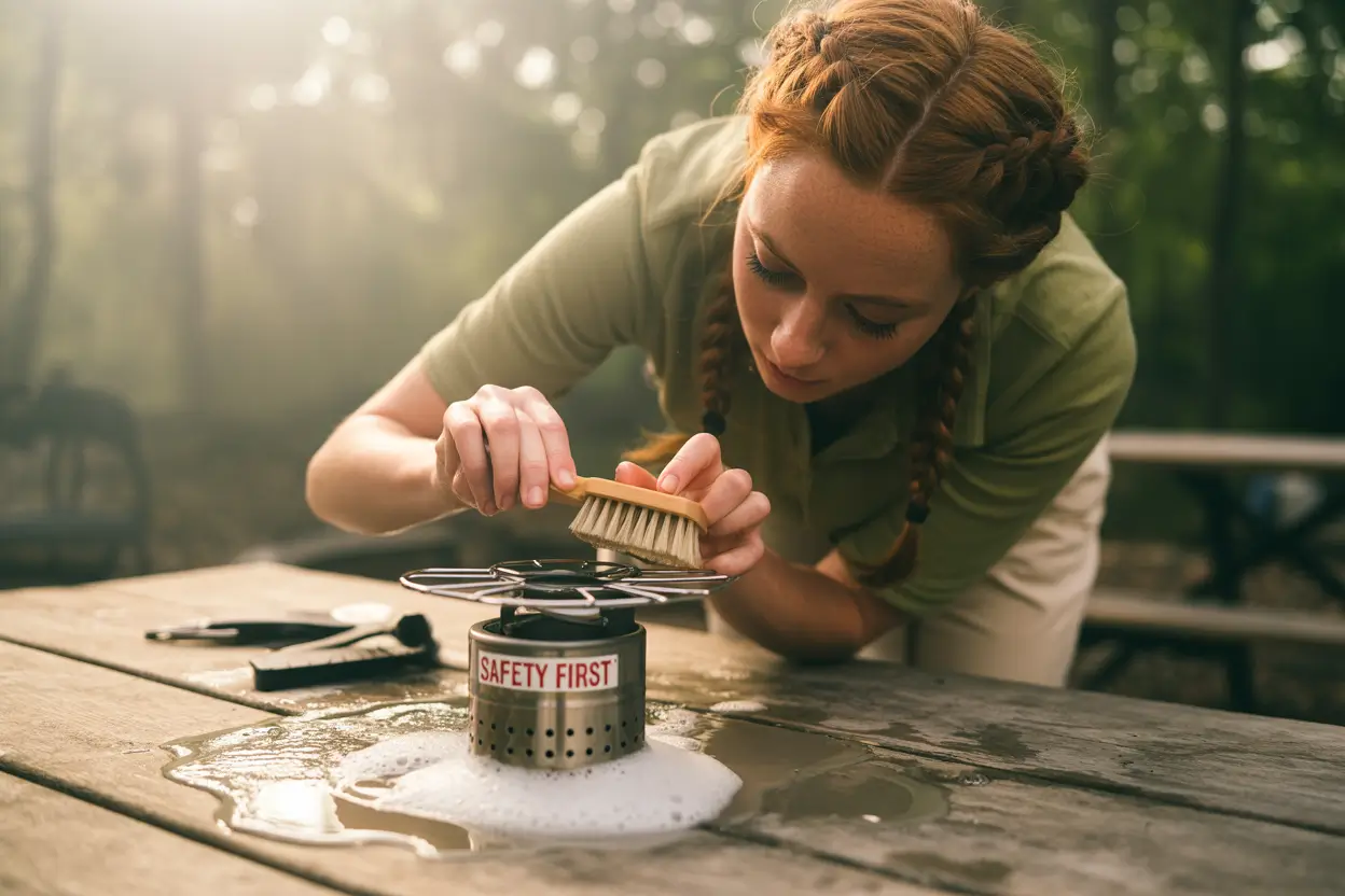 Camper cleaning a portable camping stove burner and fuel valve with a soft brush and warm water