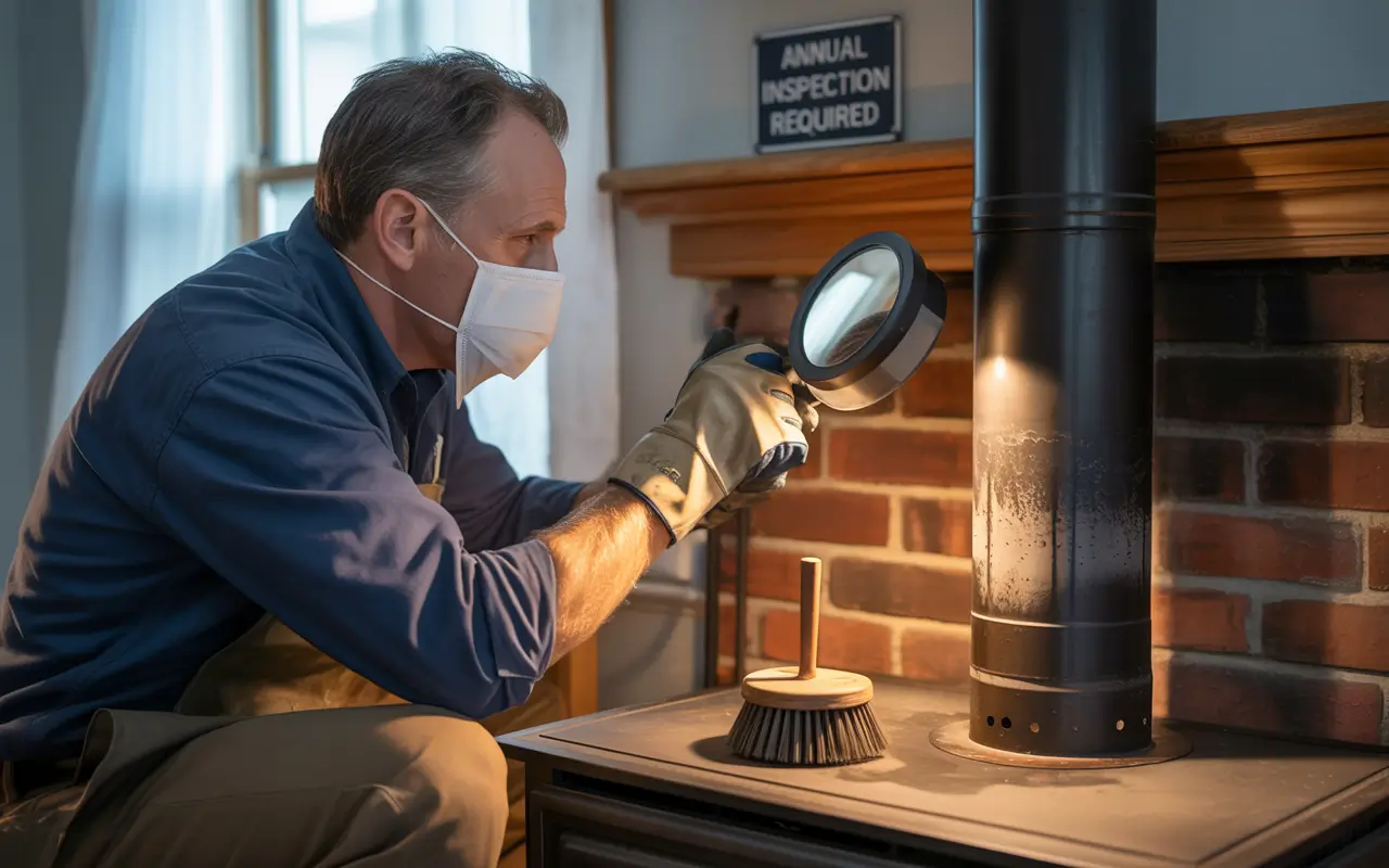 A homeowner checks and cleans their wood stove pipe, following expert guidelines to prevent creosote buildup and ensure safe operation throughout the season.