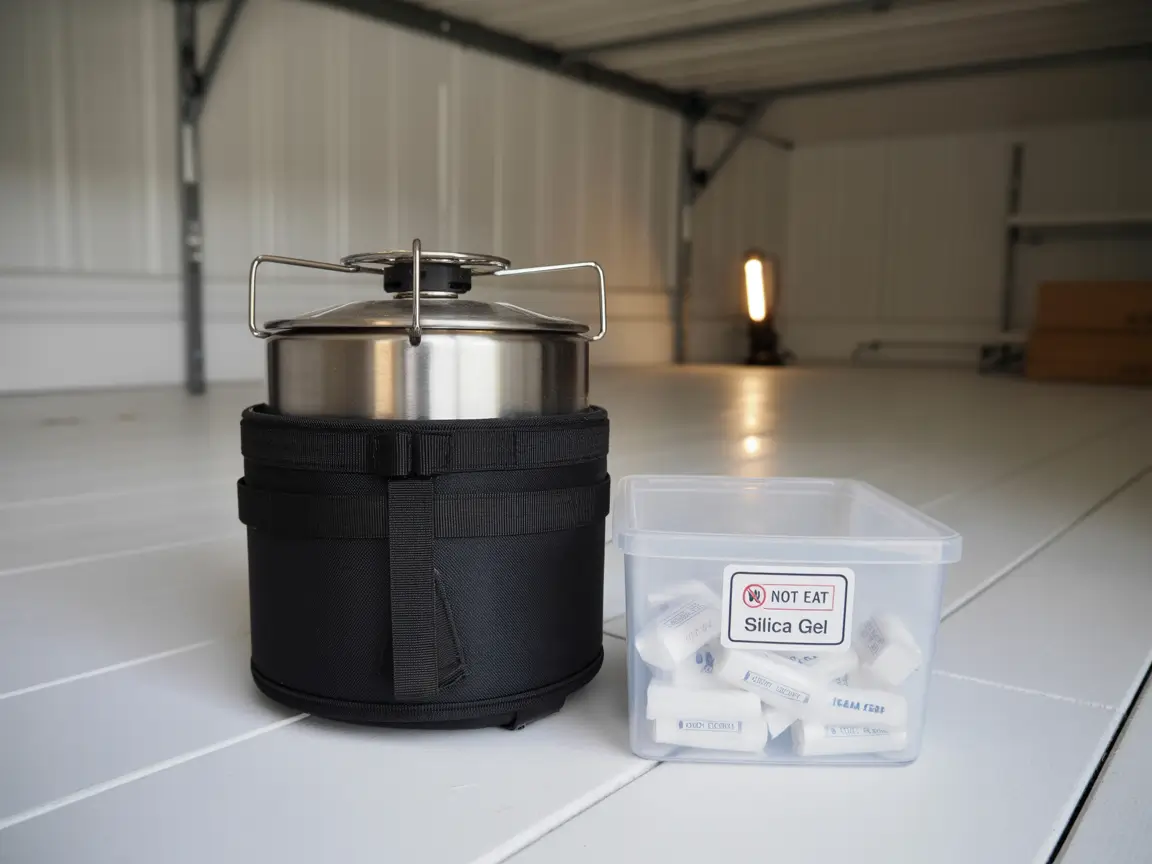 Camping stove in black case beside plastic bin with silica gel packets for winter storage in a dry indoor space