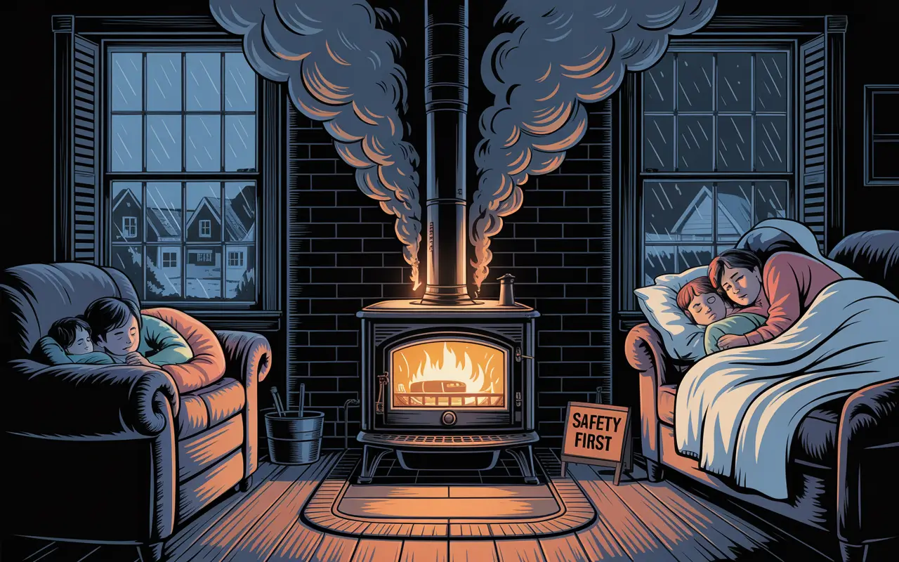 Warning icons with text showing when not to leave a wood stove burning overnight: old or damaged stove parts, unattended burning, stormy weather, and stove malfunction signs.