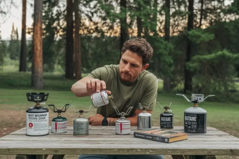 Camper comparing portable camp stoves and fuel options at a campsite to decide which stove to use
