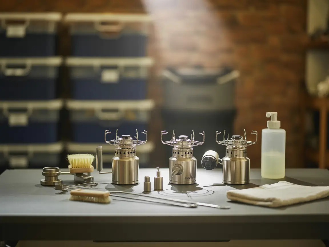 Camping stove parts on table with soap, brush, and towel during cleaning before winter storage