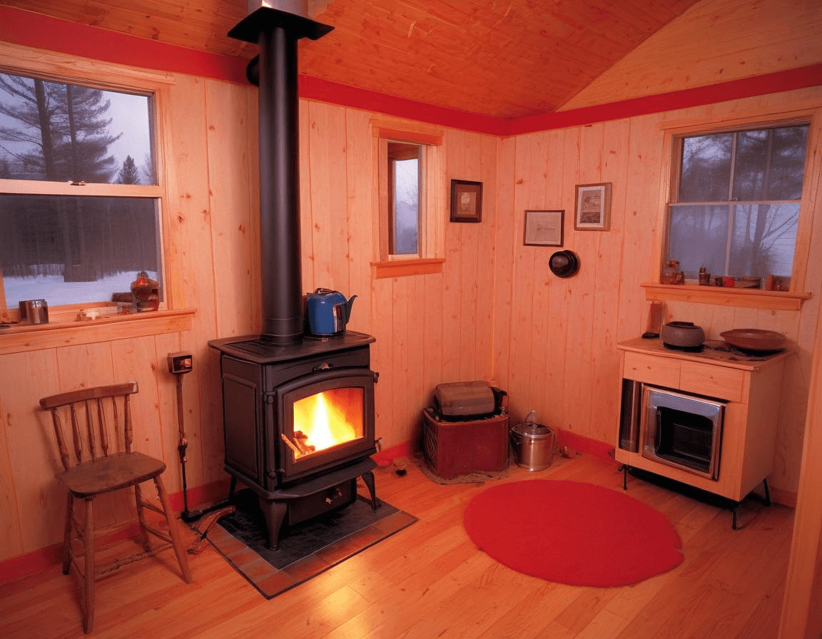 This setup shows a safe, code-compliant wood stove installation in a small space, featuring correct venting, floor protection, and wall clearance.