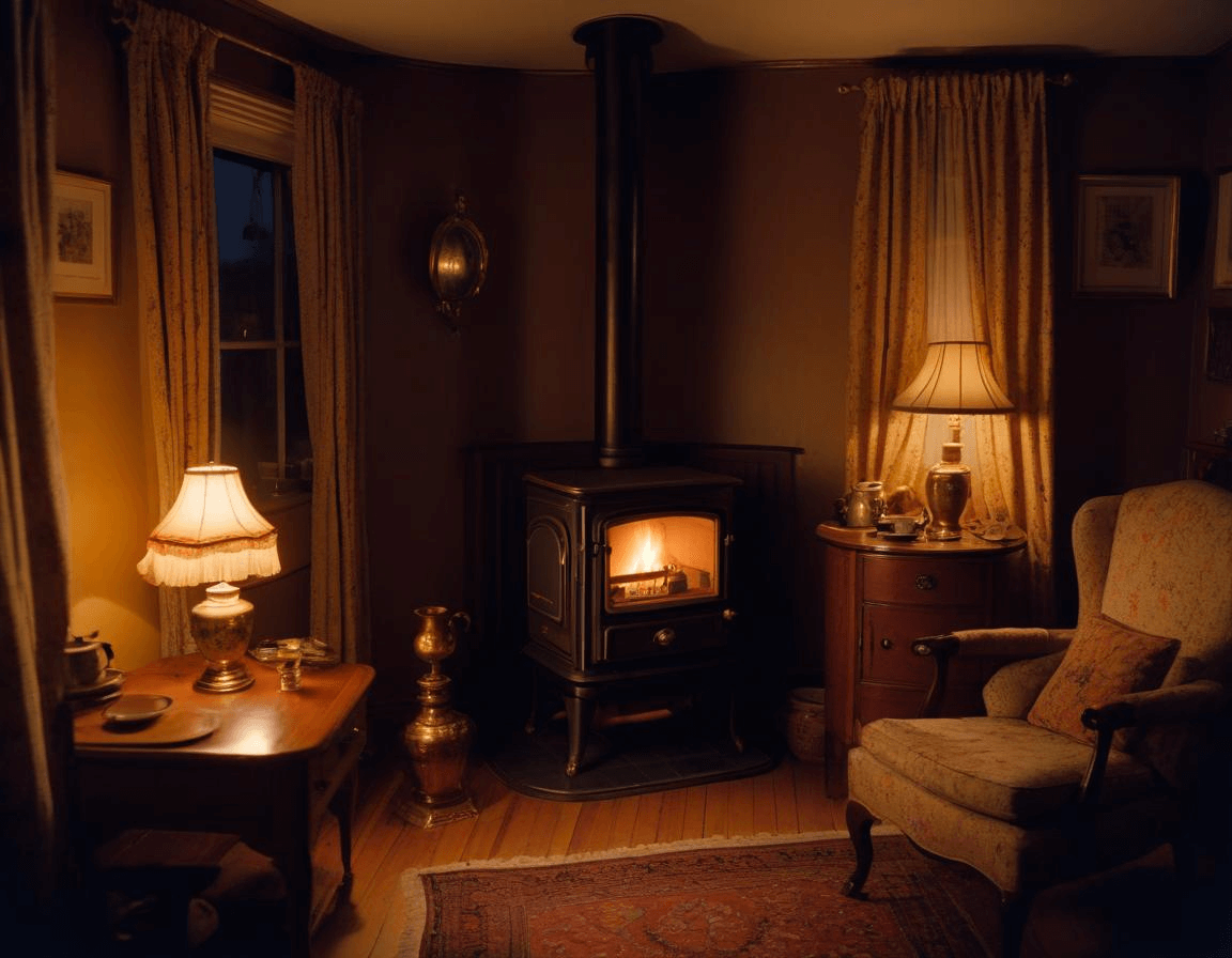 A traditional living room with the Jøtul F 602 V2 stove, highlighting its elegant cast iron design and vintage charm.
