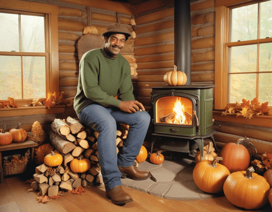 A log cabin or country-style home with the US Stove Company Logwood stove in use, with visible logs and a warm, inviting atmosphere.