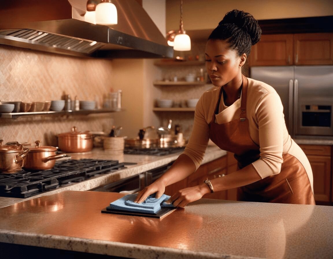 A chef cleaning a ceramic cooktop using a microfiber cloth and vinegar solution.