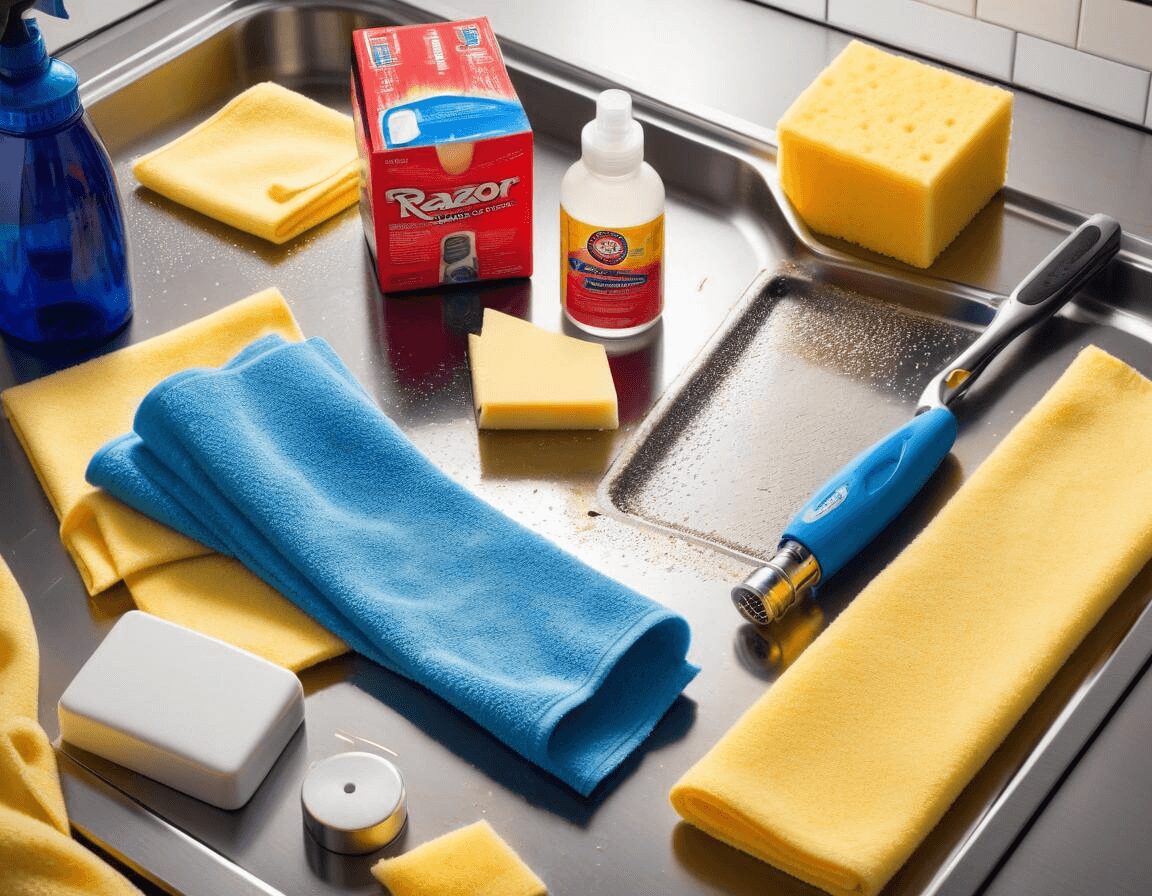 Flat-lay of ceramic cooktop cleaning tools used by restaurants.