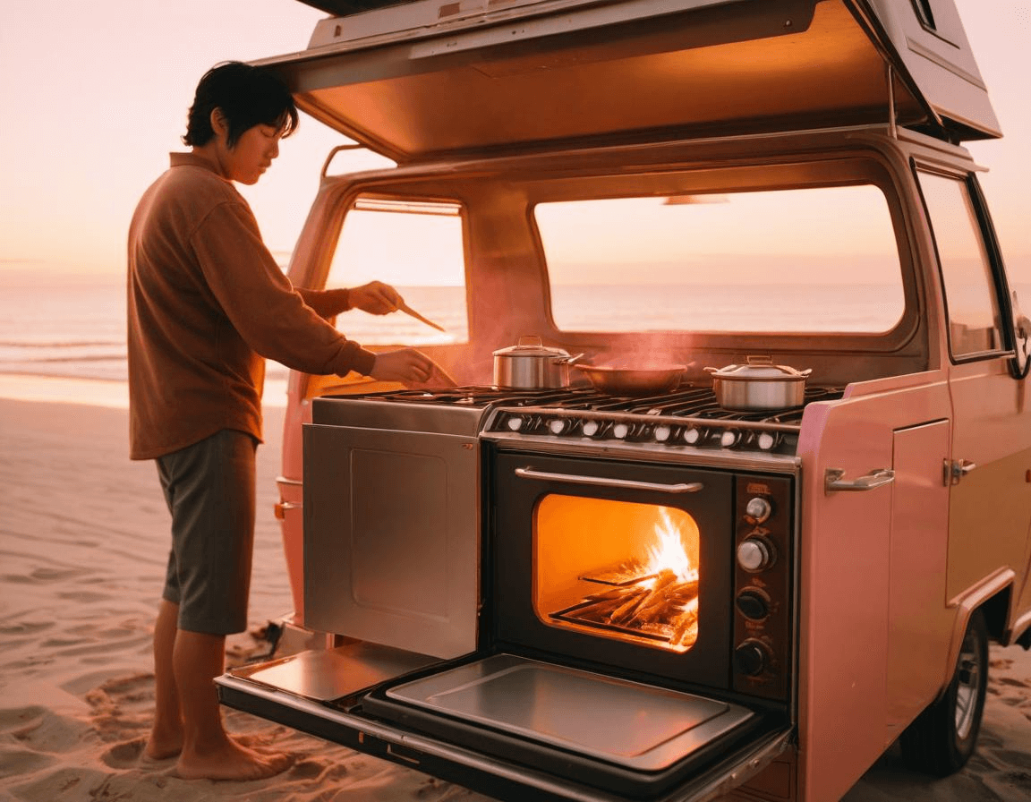 A cozy mobile home or RV with the Englander 1200 stove installed, showing how it fits perfectly in compact living spaces.