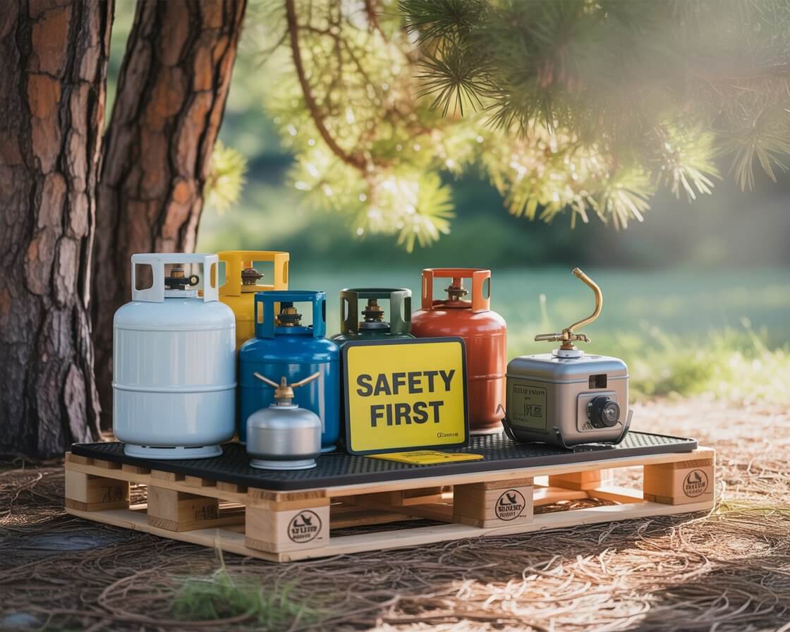 Propane and butane fuel canisters stored upright outdoors near a camping stove and gas regulator