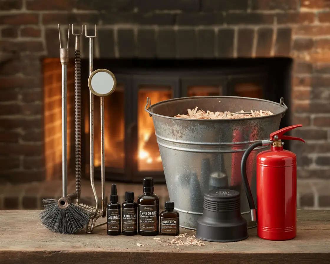 A complete set of wood stove maintenance tools, including a chimney brush kit, creosote removers, an inspection mirror, a chimney cap, and a fire extinguisher.