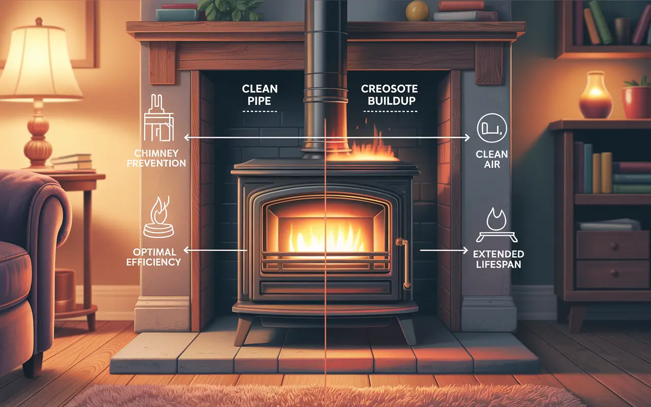 A clean, well-maintained wood stove pipe highlights key benefits of regular upkeep: fire prevention, improved efficiency, better air quality, and longer system lifespan.