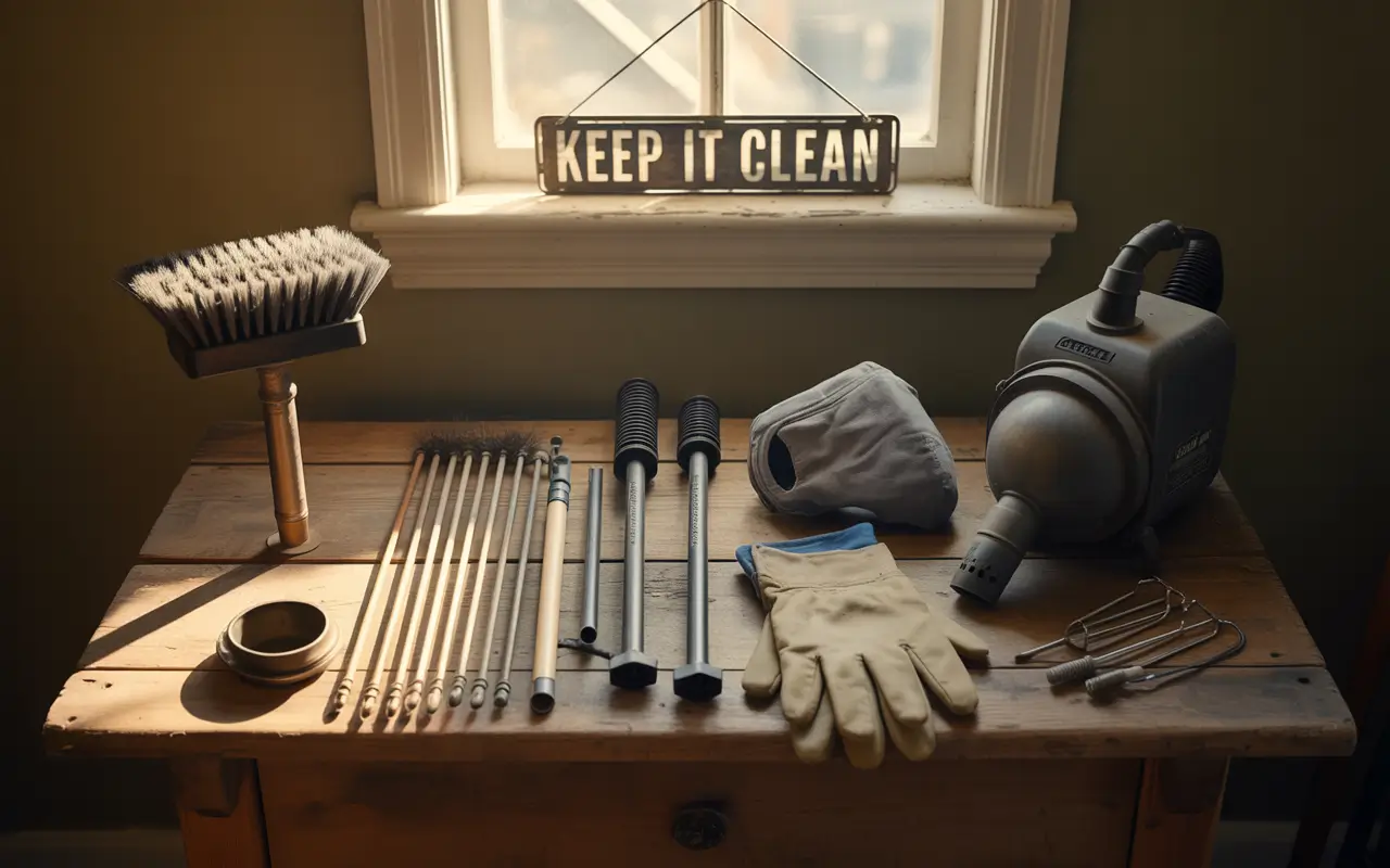 Chimney sweep tools including stove pipe brush, extension rods, gloves, dust mask, and ash vacuum for wood stove cleaning