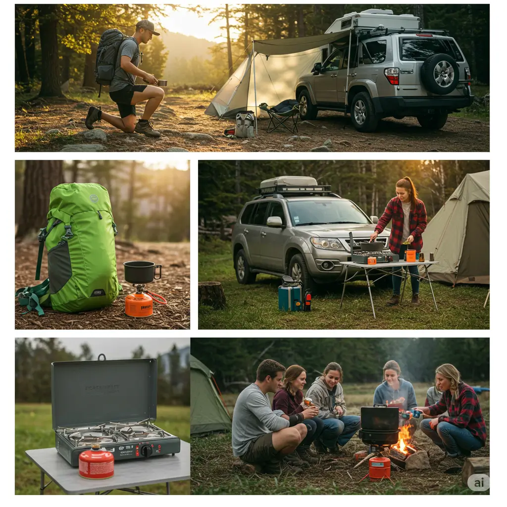 Backpacker with compact stove, car camper cooking on dual-burner stove, and group using large camp stove at campsite