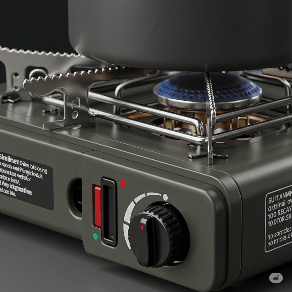 Portable camping stove close-up showing simmer control knob, piezo igniter button, pot supports, and windscreen