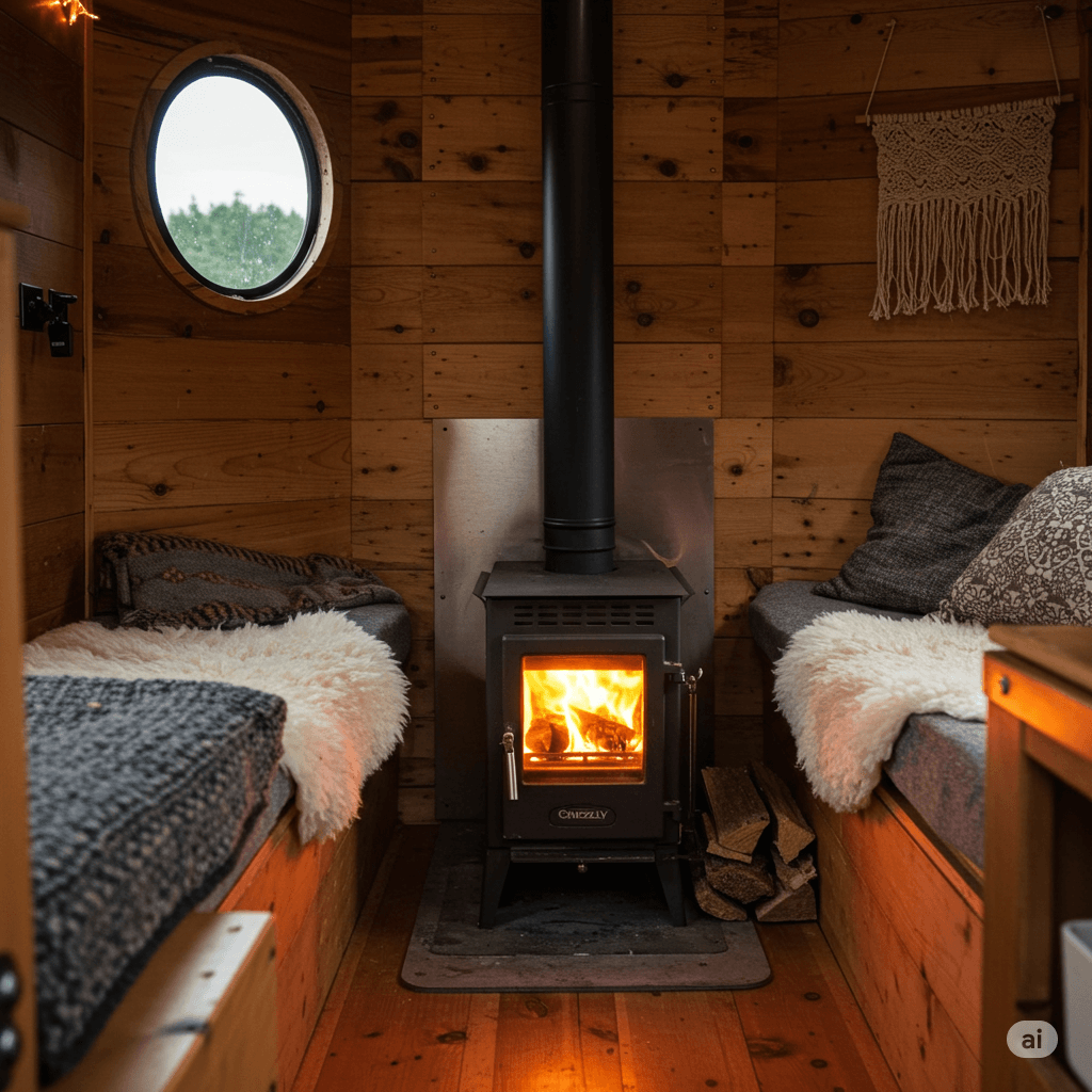 A tiny cabin or van interior with the Grizzly Cubic Mini Wood Stove providing heat and charm in a small, cozy space.