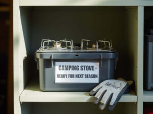 Camping stove packed in storage box with fuel canisters for winter protection in garage