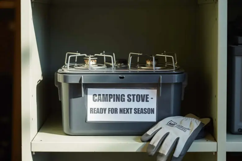 Camping stove packed in storage box with fuel canisters for winter protection in garage